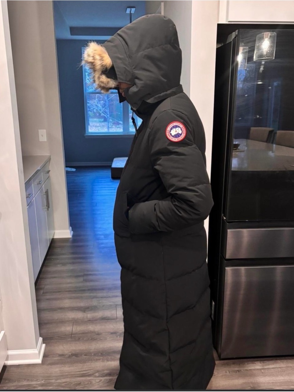 Canada Goose Black Long Hooded Puffer Coat with Fur Trim